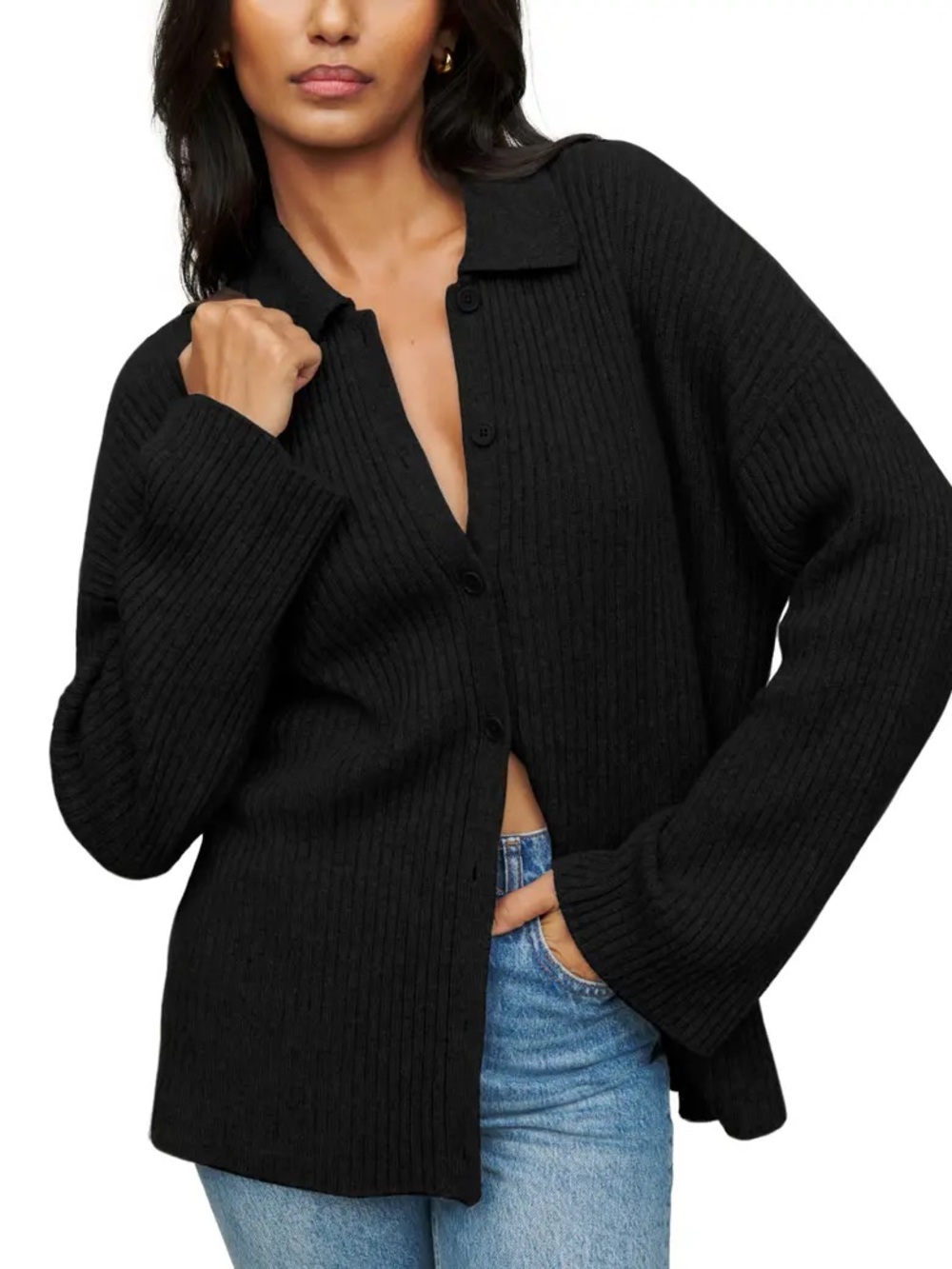 Reformation Fantino Cashmere Collared Cardigan Black Quiet Luxury Minimalist
